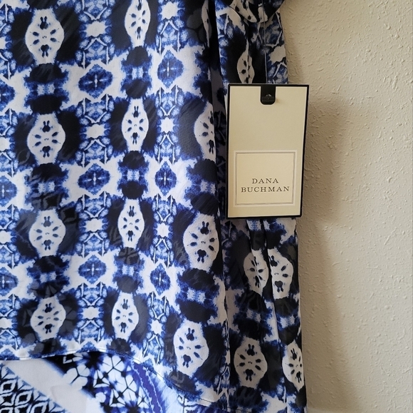 DANA BUCHMAN NWT Blue Shibori Tie Dye Chiffon Top Scarf Hem Modern Abstract  L - Picture 6 of 8